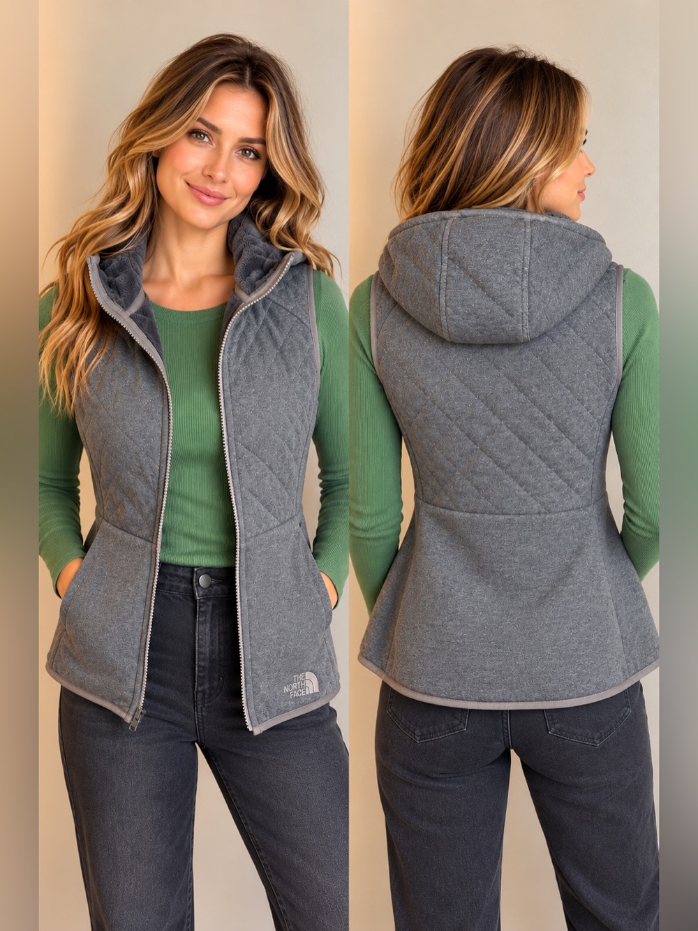 The North Face Reversible Quilted
Fleece Hooded Vest Gray XS